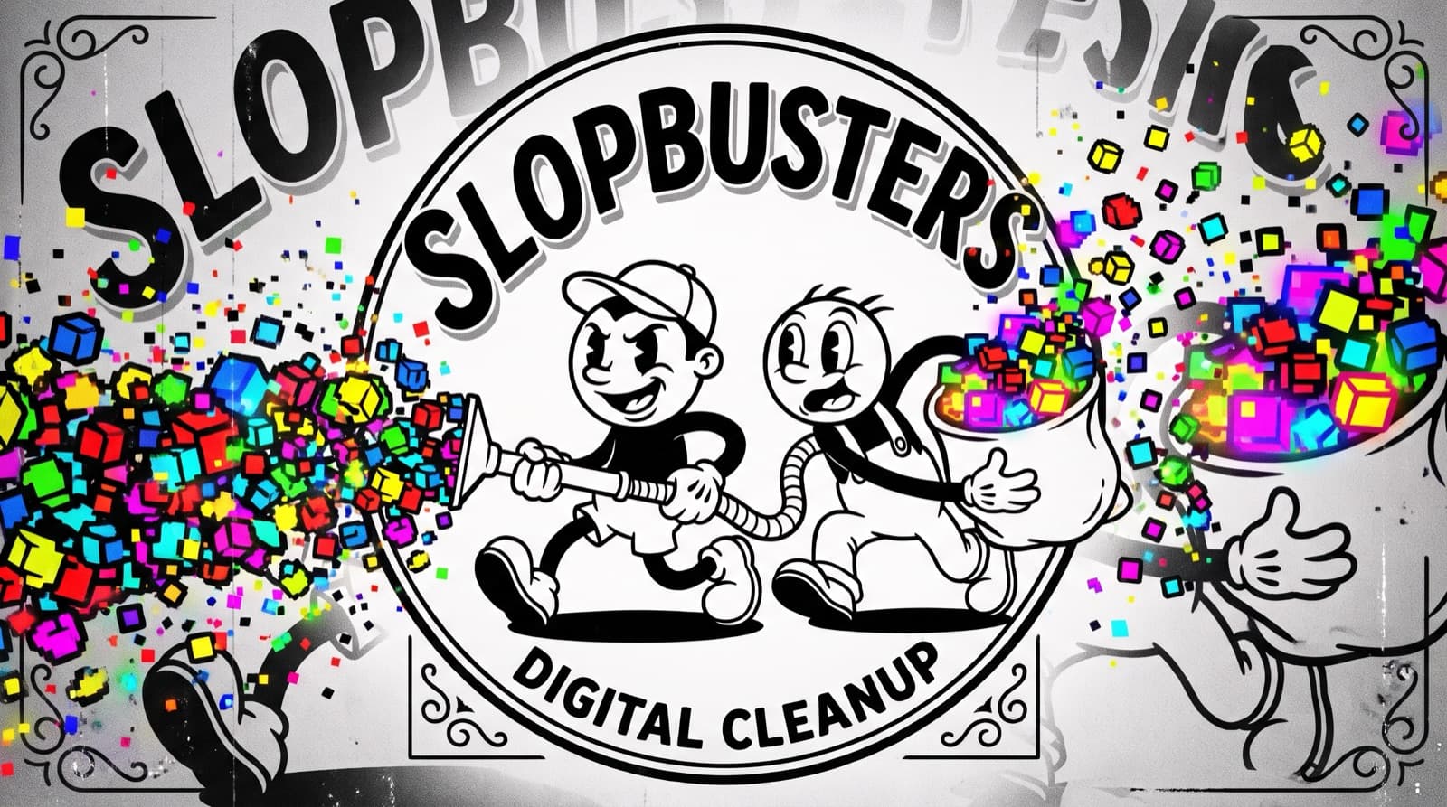 Two vintage cartoon cleanup workers vacuum a stream of colorful pixel blocks into a sack, under the words Slopbusters, Digital Cleanup.